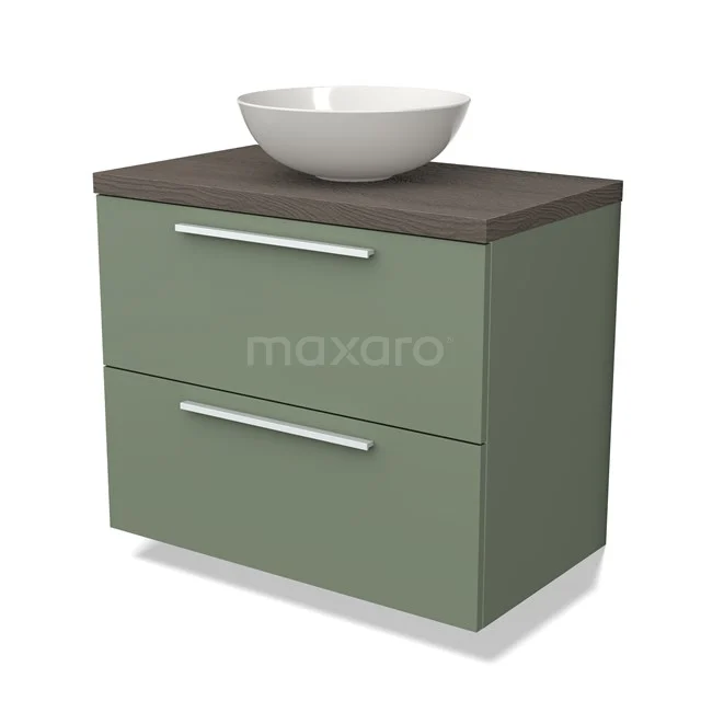 Groen badkamermeubel met twee lades, houten blad en ronde witte waskom; modern en stijlvol design voor elke badkamer.