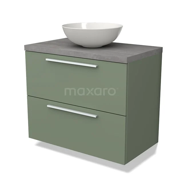 Olijfgroen badkamermeubel met twee lades, grijs blad en witte waskom, modern design, ideaal voor stijlvol badkamerinterieur.