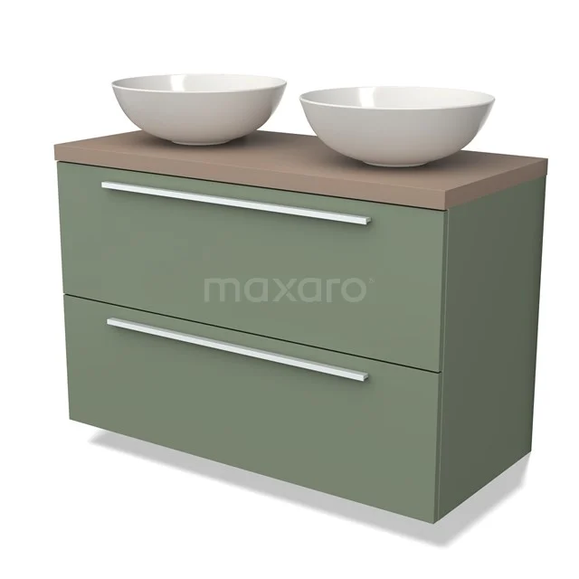 Groene badkamermeubel met houten blad, dubbele witte waskom en twee lades, ideaal voor een moderne badkamerstijl.