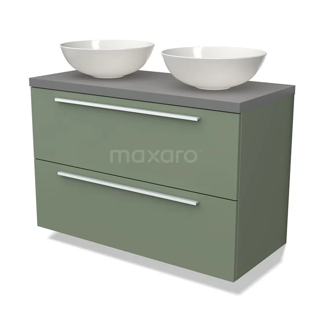 Green bathroom unit with two white countertop wash basins, grey worktop and modern drawers; stylish and practical design for any bathroom.