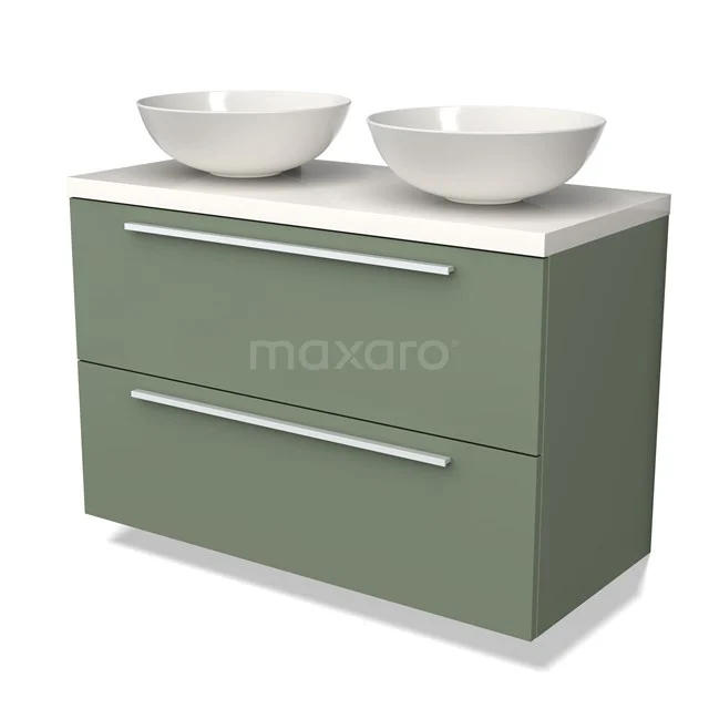 Groene badkamermeubel met twee witte waskommen, strak design, houten afwerking, ideaal voor moderne badkamers.