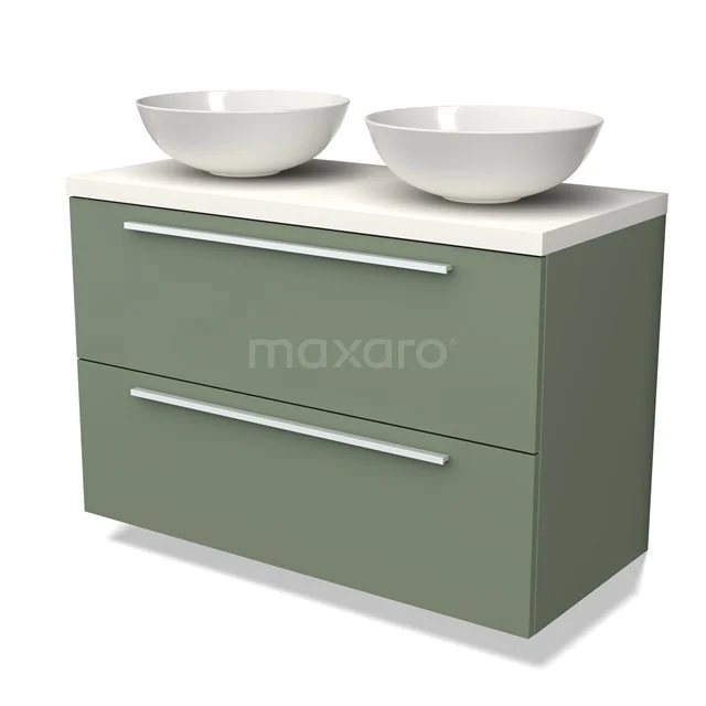 Groen badkamermeubel met dubbele wastafel, moderne uitstraling, twee lades, ideaal voor stijlvolle en functionele badkamers.