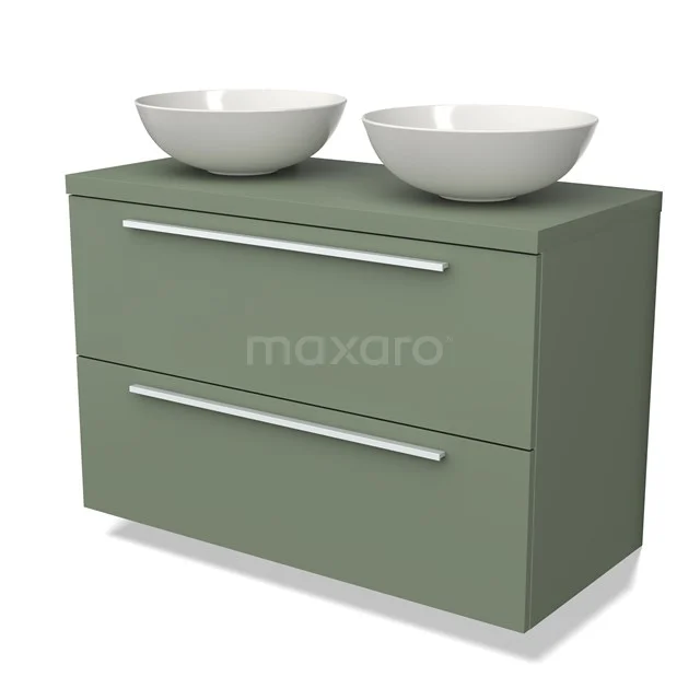 Grüne Badmöbel mit zwei weißen Aufsatzwaschbecken, zwei Schubladen und schlichten Haltegriffen, ideal für modernen Badezimmerstil.