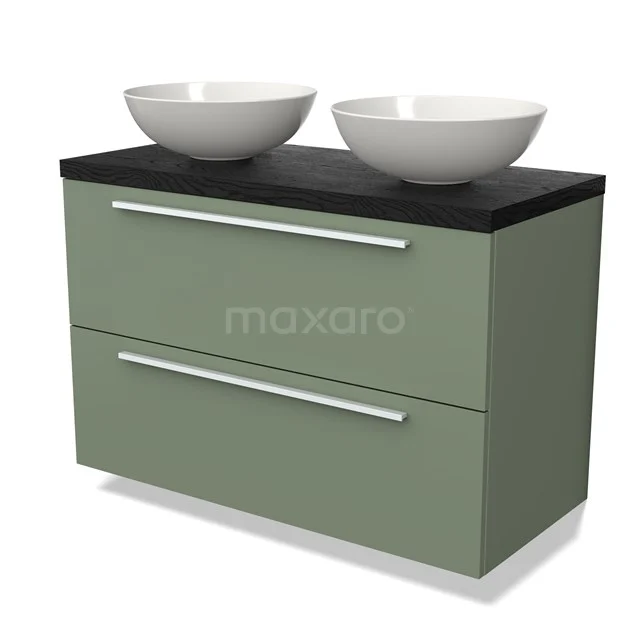 Grünes Badezimmermöbel mit schwarzer Oberseite, doppeltem Aufsatzwaschbecken und schlanken Schubladen, ideal für eine moderne Badezimmergestaltung.