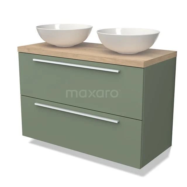 Groene badkamermeubel met twee witte waskommen, houten blad en royale lades voor stijlvol opbergen in de badkamer.