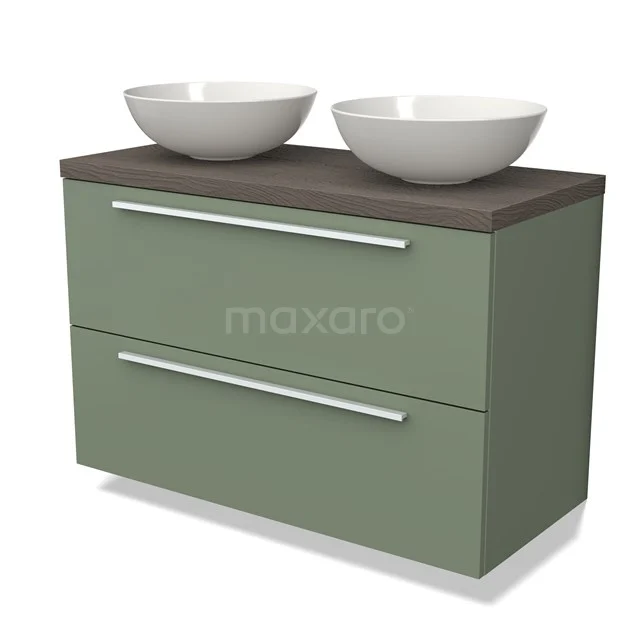 Grüner Badschrank mit Holzplatte, doppelten weißen Aufsatzwaschbecken und eleganten Schubladen, ideal für moderne Badezimmergestaltung.