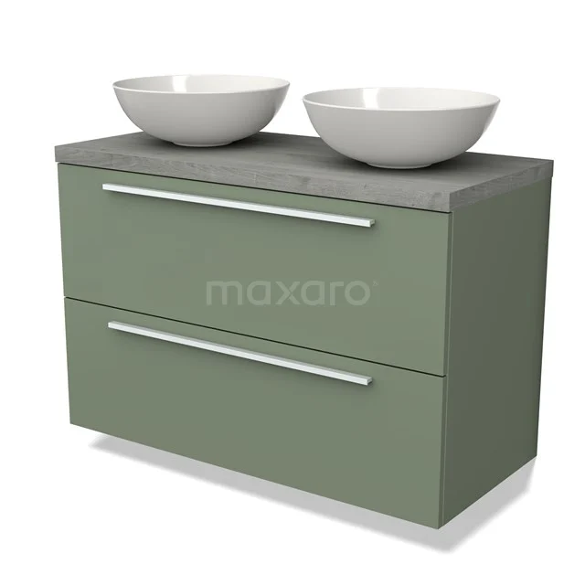 Green bathroom unit with two white vanity units with basin, concrete-look worktop and modern handles, ideal for a contemporary bathroom.