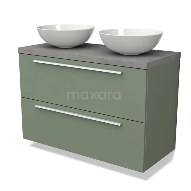 Grüne Badmöbelset mit zwei keramischen Aufsatzwaschbecken, Betonlook Platte und Softclose Schubladen, perfekt für moderne Bäder.