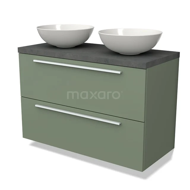 Grünes Badmöbel mit zwei Schubladen, schwarzer Platte und doppeltem weißen Aufsatzwaschbecken; modernes Design, ideal für stilvolle Bäder.