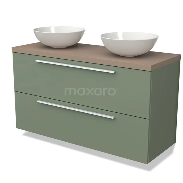 Groene badkamermeubel met houtlook blad en dubbele witte waskommen, modern design en ruime opberglades.