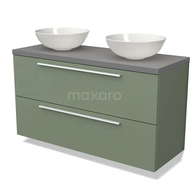 Groene badkamermeubelset met twee ovale witte wastafels, matgrijze bovenblad en moderne handgrepen, perfect voor een stijlvolle badkamer.