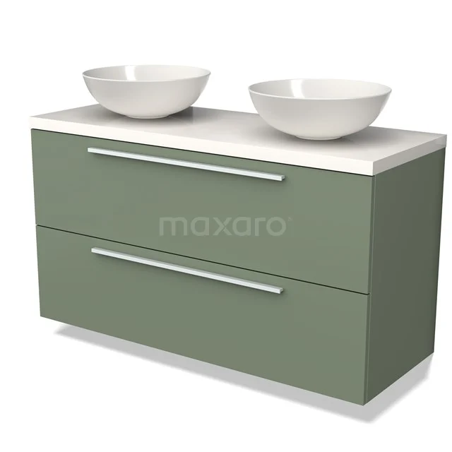 Groene badkamermeubelset met twee witte wastafels, strakke lades en modern design, perfect voor een stijlvolle badkamer.