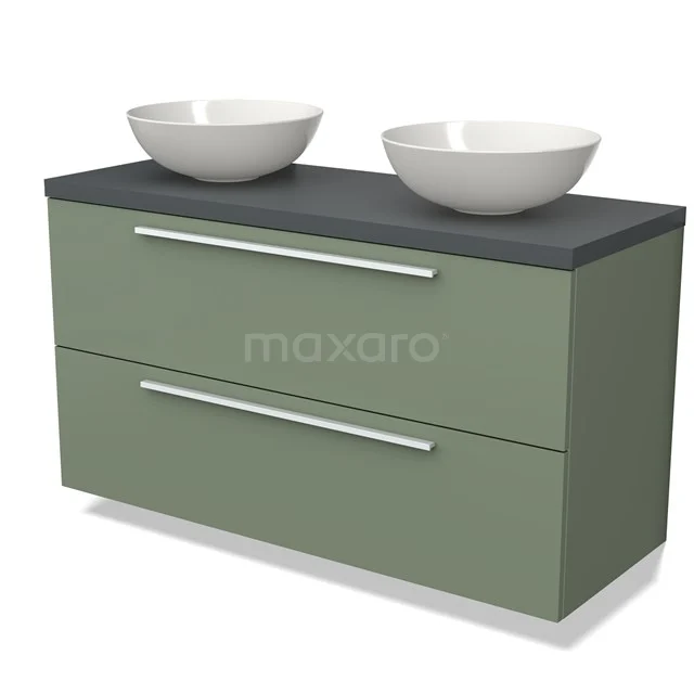 Waschtischunterschrank mit Konsole BMK17-02165 Grüne Badmöbelset mit schwarzer Platte, zwei weißen Aufsatzwaschbecken und breiten Schubladen; stilvolles und modernes Design.