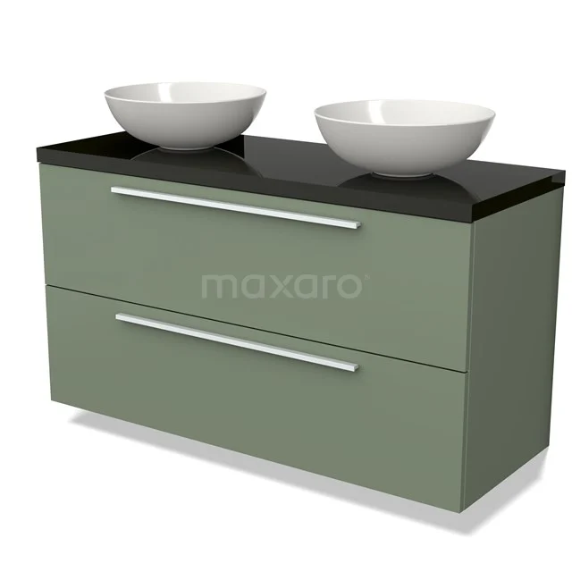 Groene dubbele badmeubelset met zwarte bovenkant, witte kommen en chromen handgrepen, ideaal voor moderne badkamers.