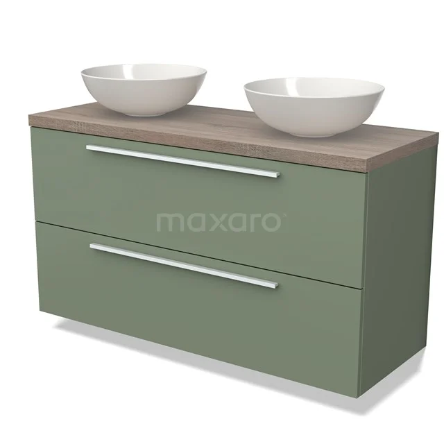 Green bathroom furniture set with two white basins, wood-look top and modern silver handles. Perfect for any bathroom.