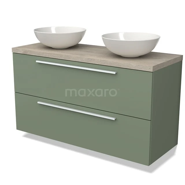 Groen badkamermeubel met twee komvormige wastafels, houten blad en strakke handgrepen, ideaal voor moderne badkamerinrichting.
