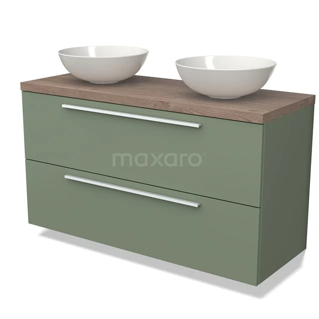 Groen badkamermeubel met twee witte waskommen, houten blad, en strakke lades; ideaal voor een moderne badkamer.