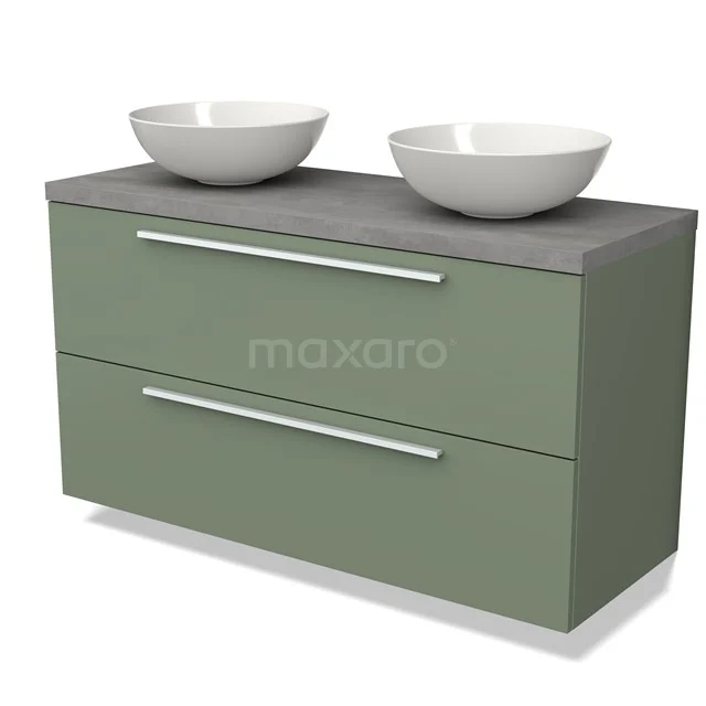 Green vanity unit with double countertop wash basins, concrete grey worktop and slim metal handles, ideal for modern bathrooms.