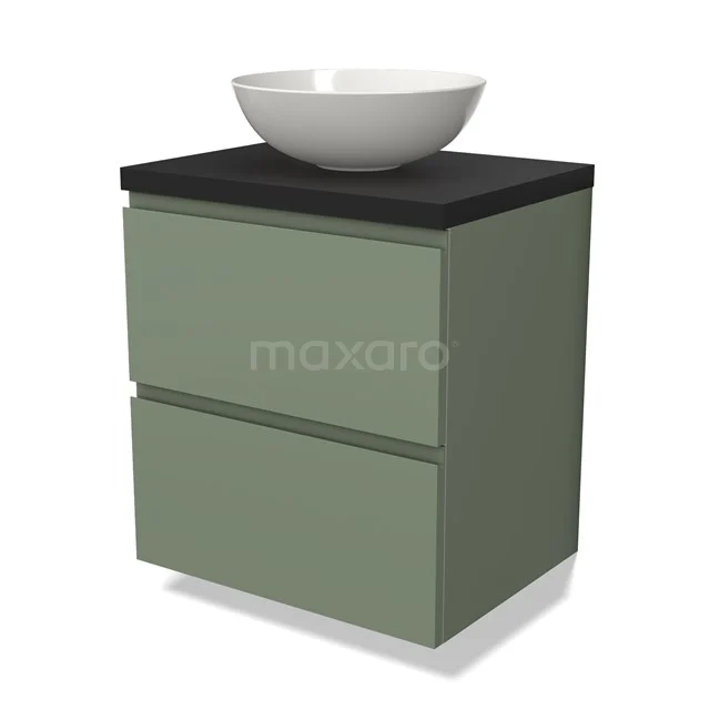 Grünes Badmöbel mit zwei Schubladen, schwarzer Platte und rundem weißen Aufsatzwaschbecken; modernes Design, ideal für jeden Badezimmerstil.