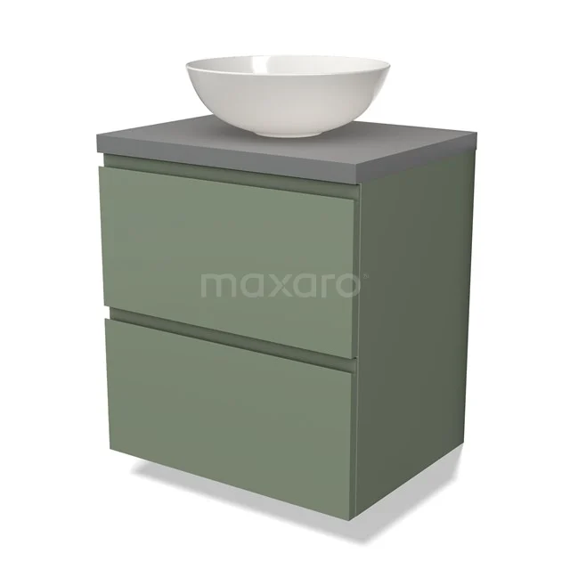 Grünes Badezimmermöbel mit zwei Schubladen, grauer Platte und weißem Waschbecken, perfekt für eine moderne Badezimmer-Einrichtung.