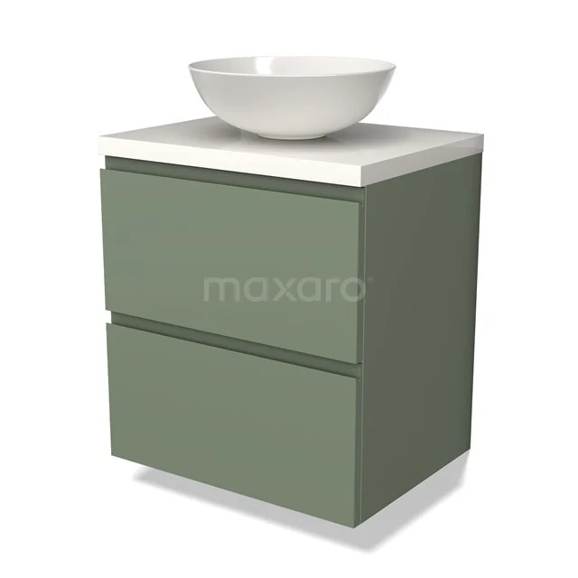 Groen badkamermeubel met twee lades, witte keramische waskom, modern design en compacte vorm voor kleine badkamers.
