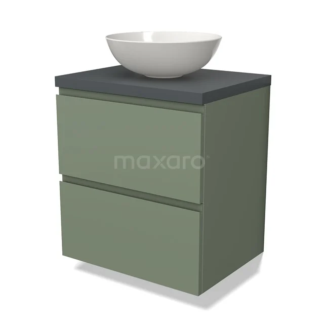 Green bathroom cabinet with 2 drawers, black top and white round countertop wash basin, modern design made of durable materials.