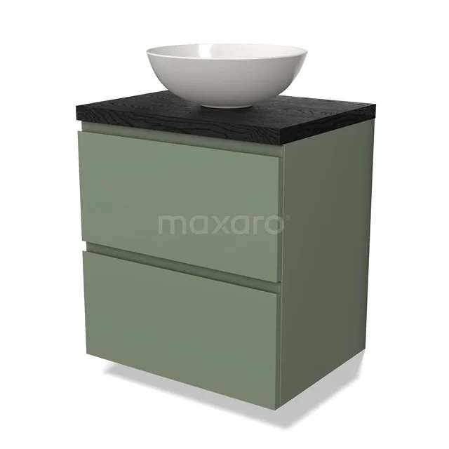 Modulo Plato Badmöbel mit Aufsatzwaschbecken | 60 cm Salbeigrün Grifflos front Schwarze Eiche blatt 2 übereinanderliegende Schubladen BMK17-02185 Grünes Badezimmermöbel mit schwarzer Oberseite, keramischem weißen Aufsatzwaschbecken und zwei Schubladen, modernes Design für stilvolle Bäder.