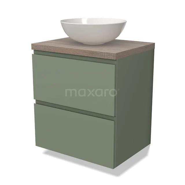 Grünes Badezimmermöbel mit Holzlook Platte und weißem keramischen Aufsatzwaschbecken, modernes Design mit zwei Schubladen.