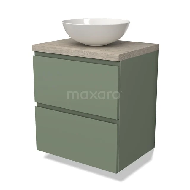 Groene badkamermeubel met houtlook blad en witte ronde waskom, compact design met twee lades voor praktische opbergruimte.