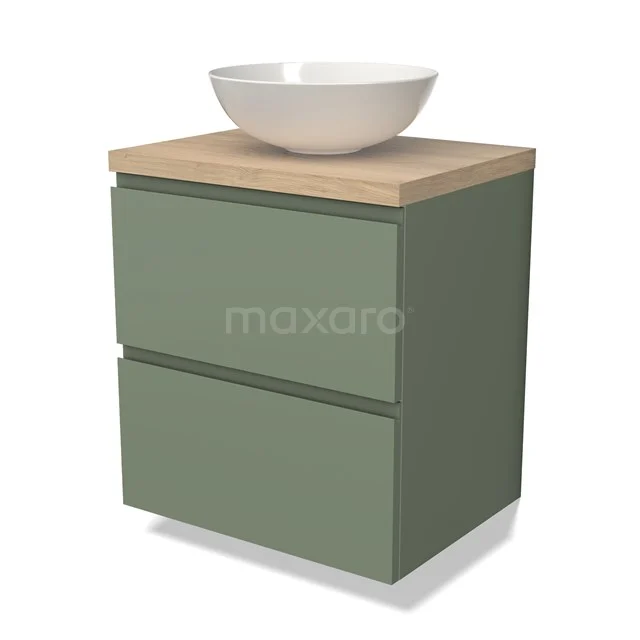 Grünes Badmöbel mit zwei Schubladen, Holzlook Platte und rundem weißen Aufsatzwaschbecken, modernes Design für stilvolle Bäder.