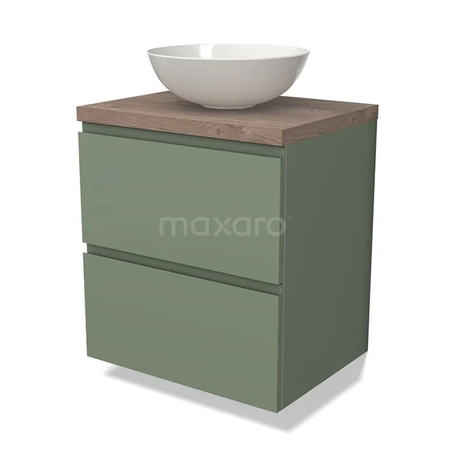 Groene badkamermeubelset met houten blad en witte ronde wastafel, ideaal voor een stijlvolle en moderne badkamerinrichting.