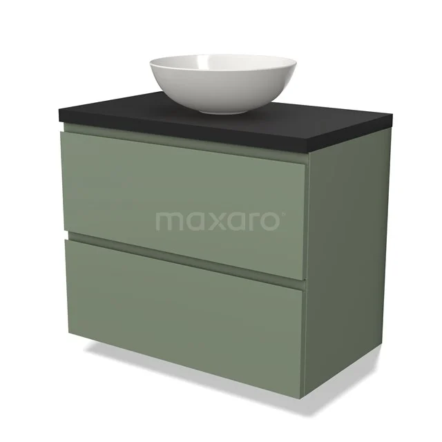 Groene badkamerkast met zwarte blad en witte opbouwwastafel, modern design, geschikt voor stijlvolle badkamerinrichting.