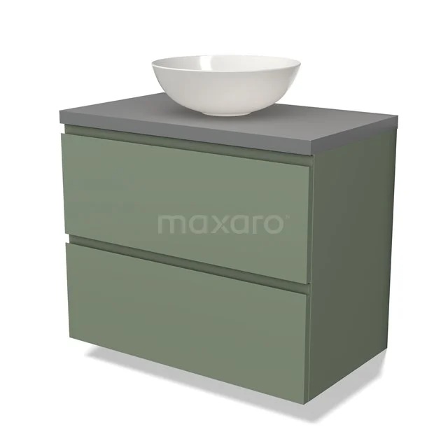 Groene badkamerkast met grijze top en witte kom, modern design, ideaal voor stijlvolle en praktische badkameropslag.