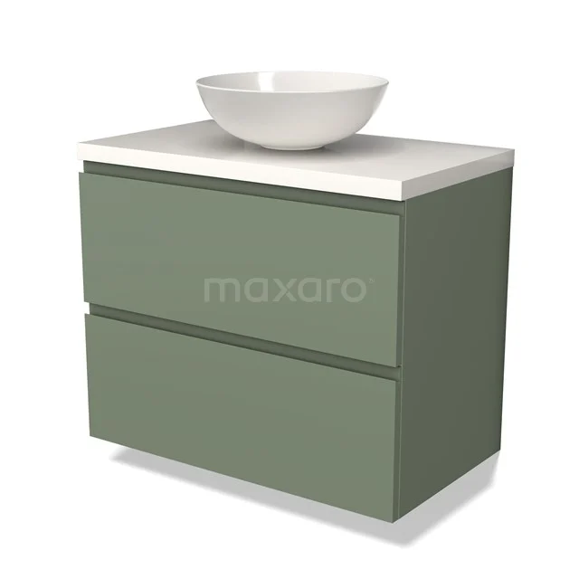 Groene badkamerkast met twee lades, witte wastafelkom en houten blad. Modern design, ideaal voor een stijlvolle badkamer.