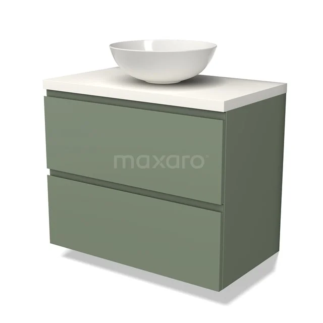 Green bathroom furniture set with a white countertop wash basin and two handleless drawers, sleek design made of sustainable wood.