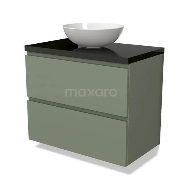 Olivengrünes Badmöbelset mit zwei Schubladen, einer schwarzen Platte und einem weißen Aufsatzwaschbecken, modernes Design für stilvolle Bäder.