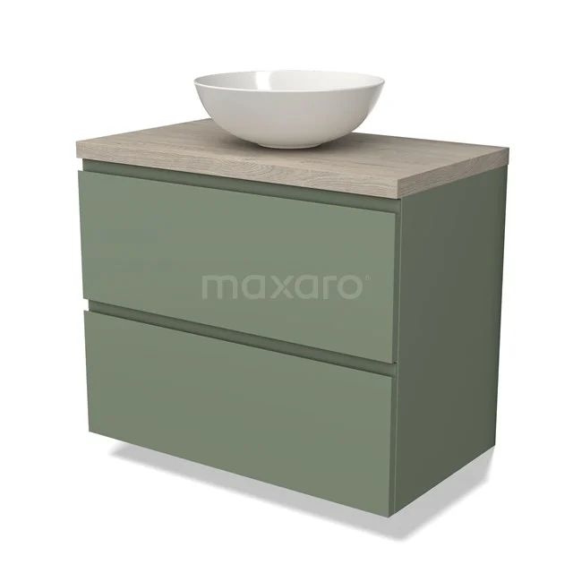 Groen badkamermeubel met twee lades, houten blad en witte waskom, strak design voor moderne badkamerinrichting.