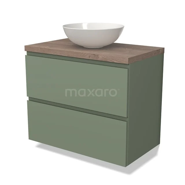 Modulo Plato Vanity units for countertop basin | 80 cm Sage green Handle-less front Mid brown oak worktop 2 Stacked drawers BMK17-02206