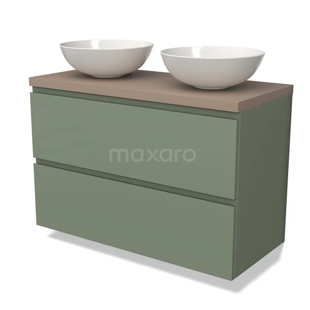 Groene houten badkamermeubel met dubbele waskommen, minimalistisch ontwerp en hoogwaardige afwerking.