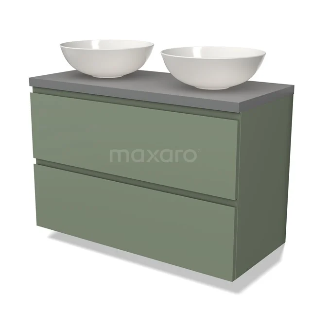 Groen badkamermeubel met twee witte komvormige wastafels en een grijze bovenkant, modern design en strak afgewerkt.