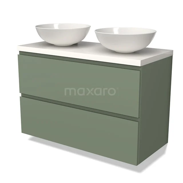 Olivengrünes Badezimmermöbel mit doppelten runden Waschbecken, modernes Design, glatte Oberfläche und platzsparenden Schubladen.