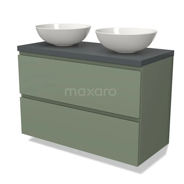 Grüne Badmöbel mit zwei Waschbecken, matt schwarzer Platte und modernem Erscheinungsbild, ideal für ein stilvolles Badezimmerinterieur.