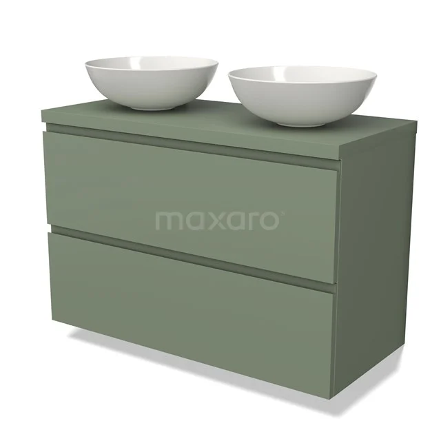 Groene badmeubelset met twee ronde witte waskommen, modern design en greeploze lades, perfect voor een stijlvolle badkamer.
