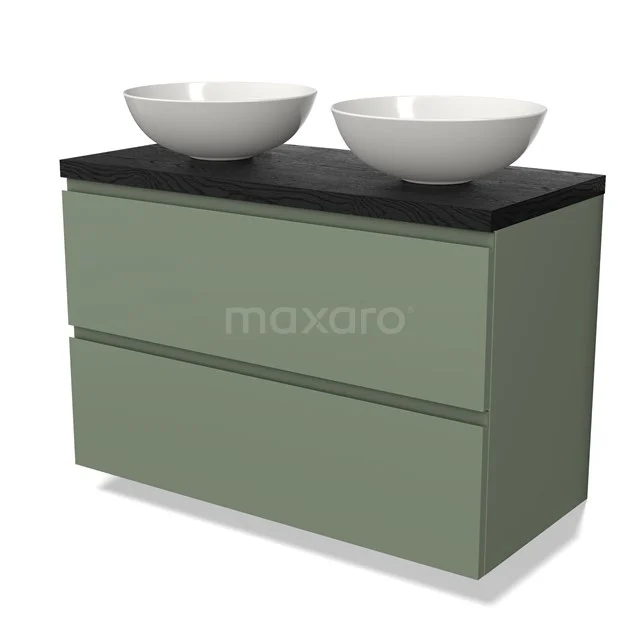 Oliviergroen badmeubel met dubbele wastafel, matzwart bovenblad en moderne vormgeving, perfect voor een stijlvolle badkamer.