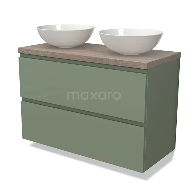 Groene badkamermeubelset met twee ronde, witte waskommen en houtkleurig blad, modern design en strakke lijnen.