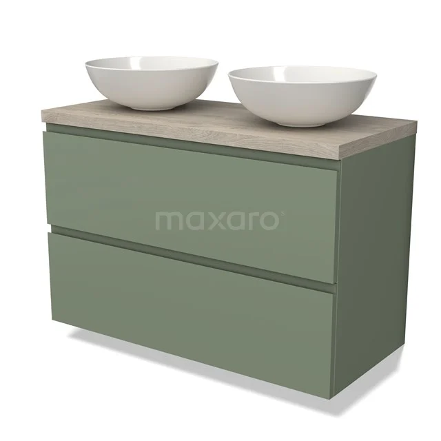 Groene badkamermeubelset met twee witte waskommen en houten blad, modern design voor stijlvolle badkamerinrichting.