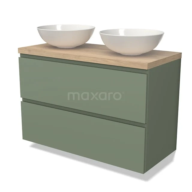 Groen badkamermeubel met houtlook blad, twee wastafels en softclose lades. Modern ontwerp, ideaal voor een stijlvolle badkamer.