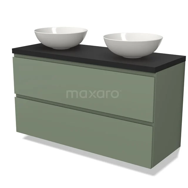 Groene badkamerkast met twee witte waskommen, zwarte blad, strak design; ideaal voor moderne badkamers.