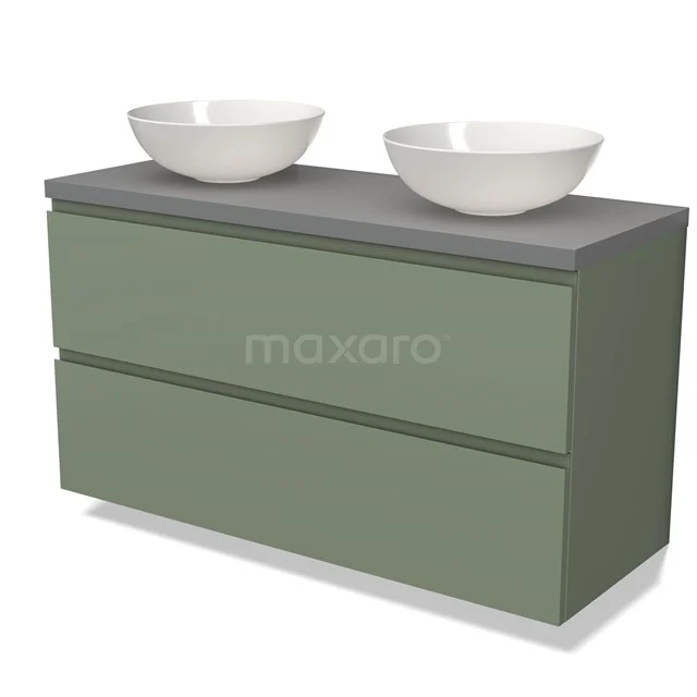 Groene houten badkamermeubel met twee witte keramische wastafels, modern design en strak grijze bovenblad.