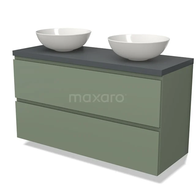 Groene badkamerkast met twee witte wastafels, mat antraciet blad, modern design, ideaal voor stijlvolle badkameropstelling.